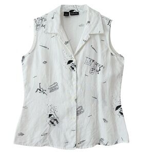 100% Linen White Collared Button-down Top with Artistic Sketch Print Size 8